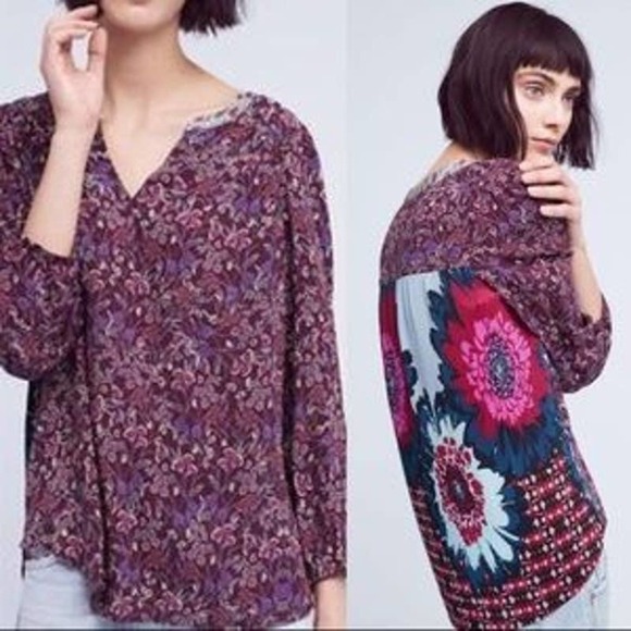 Anthropologie One September Caia Floral Pleated Back Blouse Medium EUC - Picture 1 of 9